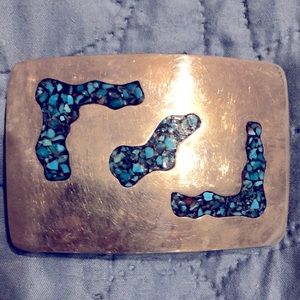 Vintage Handmade 1977 Sterling Silver Turquoise Men’s Belt Buckle.